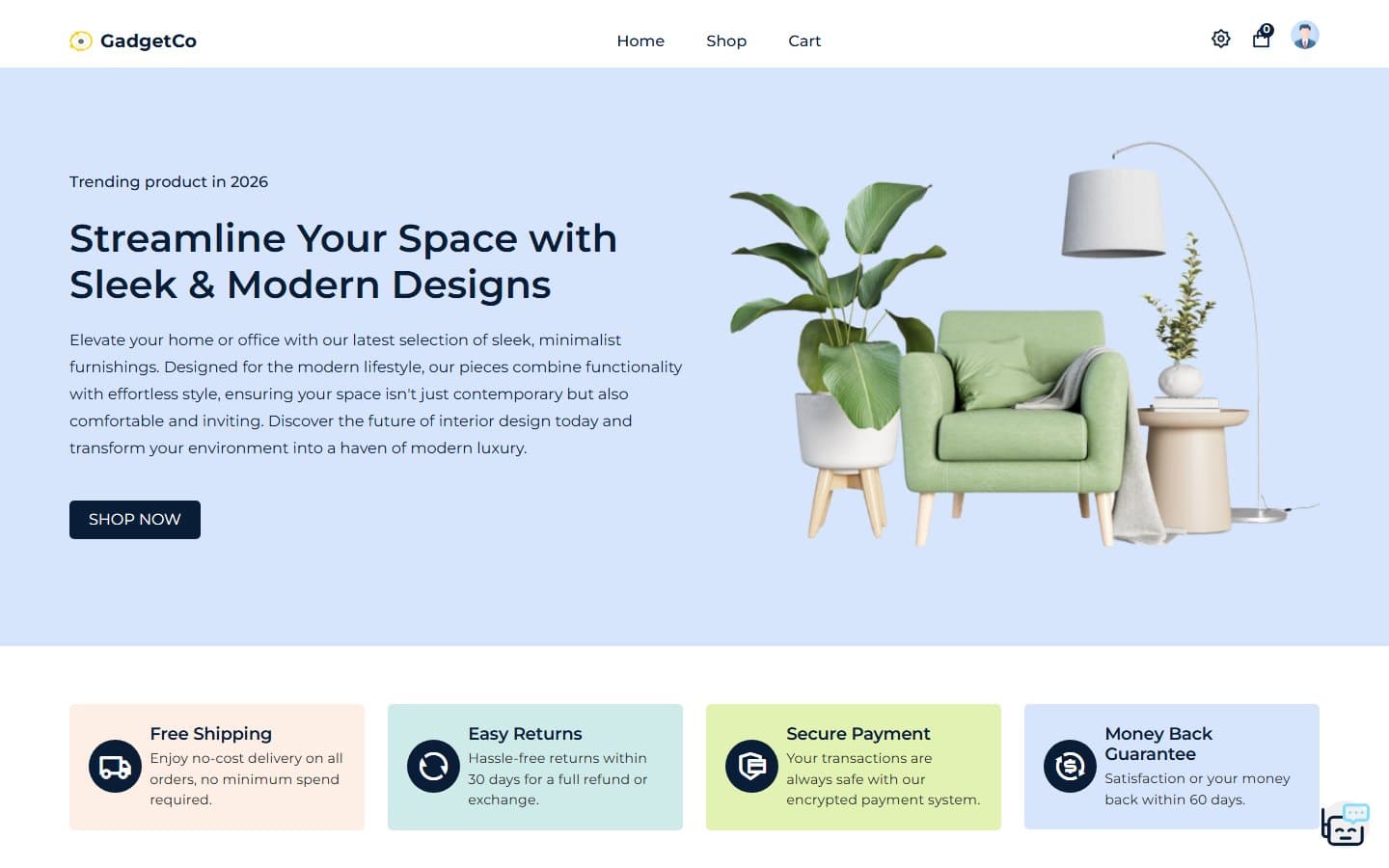 GadgetCo storefront homepage with the AI assistant minimised